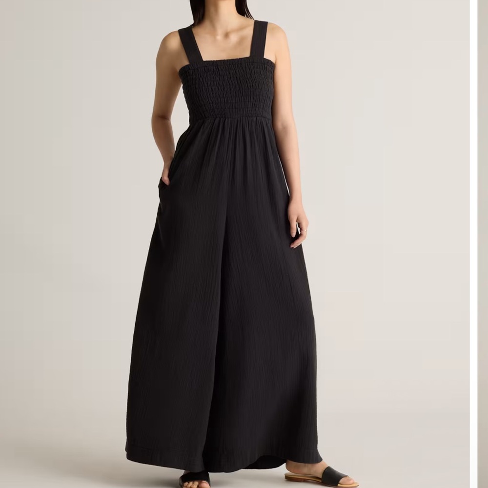 QUINCE GUAZE SMOCKED WIDE LEG JUMPSUIT BLACK - L